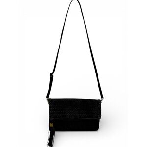 Lulus Black Woven Faux Leather/Suede Tassel Crossbody Bag Foldover Flap‎